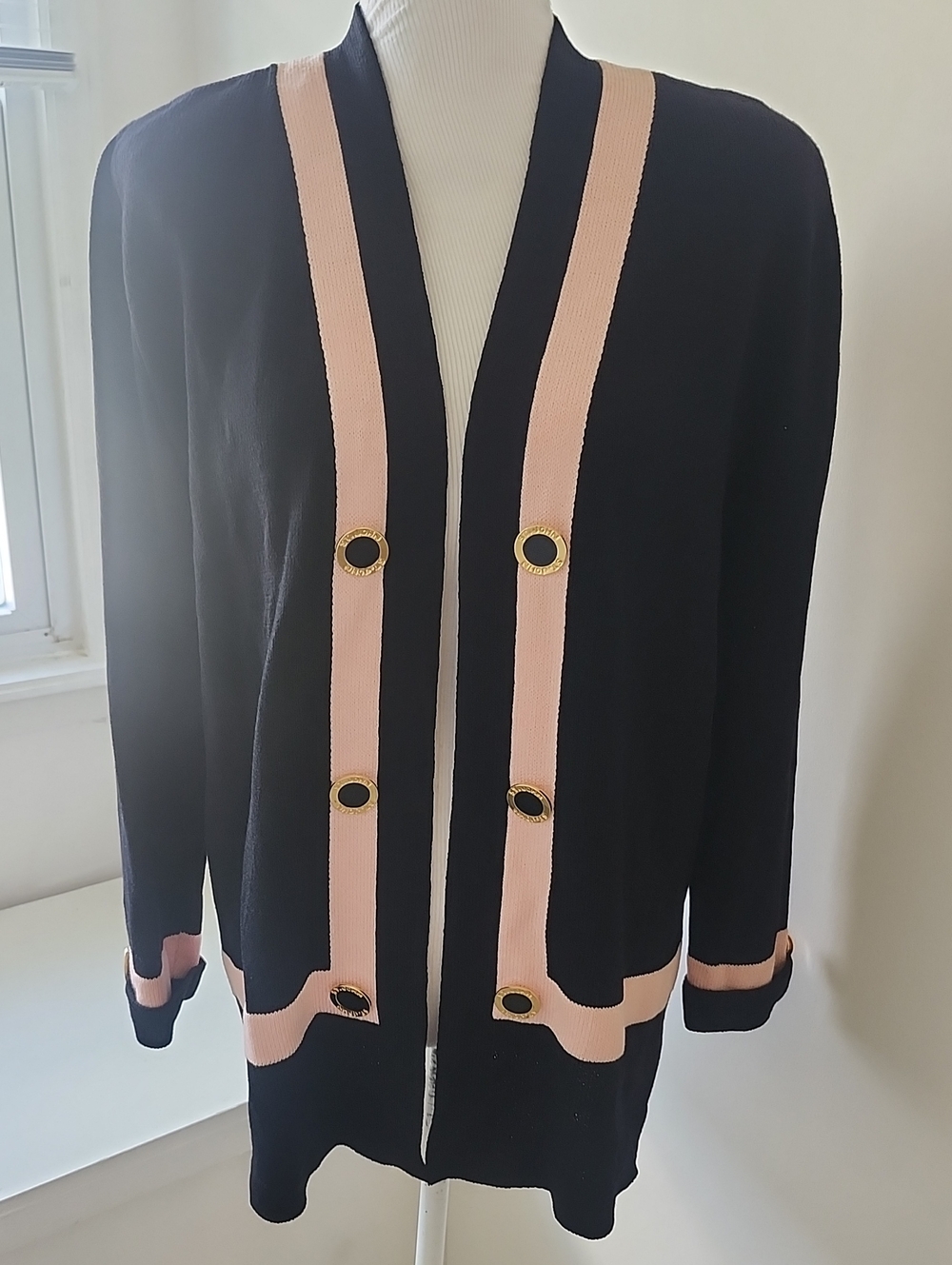 St. John Pink & black color block Knit cardigan Blazer Sz 8